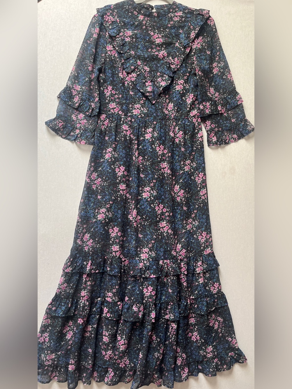 American Eagle Navy Floral Ruffle Hem Chiffon Maxi Dress Size S - Picture 2 of 11
